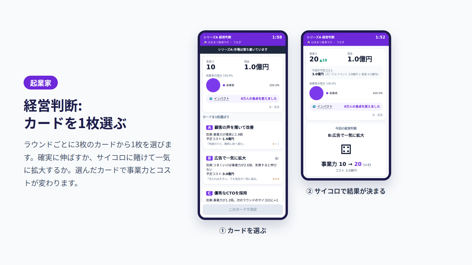 起業家の画面:経営判断のカードを選ぶ